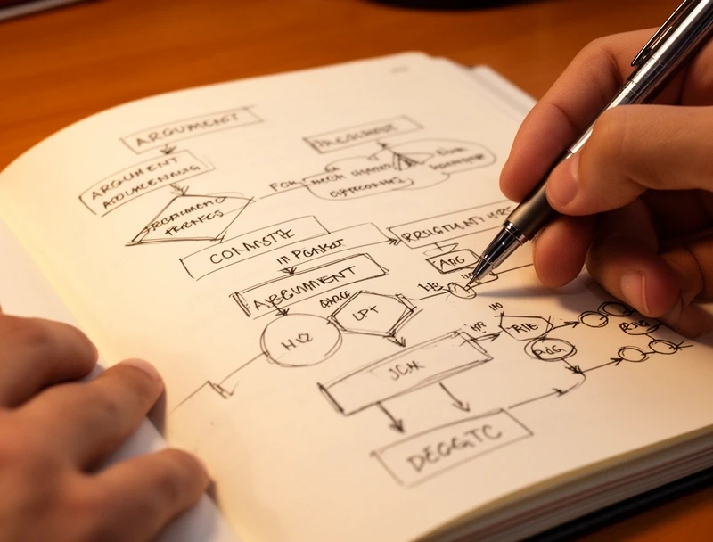 Notizbuch mit Mindmap und Denkdiagrammen